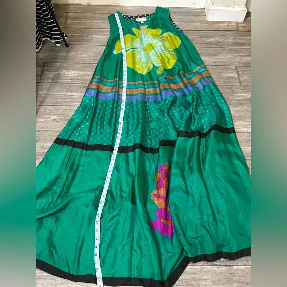 ANUPAMAA Silk Maxi Dress Green Floral Print Boho Luxe Summer Vacation Gown - Picture 9 of 13